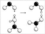Рис. 6. Схема образования молекул азотной и азотистой кислот. (Черный шар – атом азота, большие белые шары – атомы кислорода, маленькие белые шарики – атомы водорода.)
